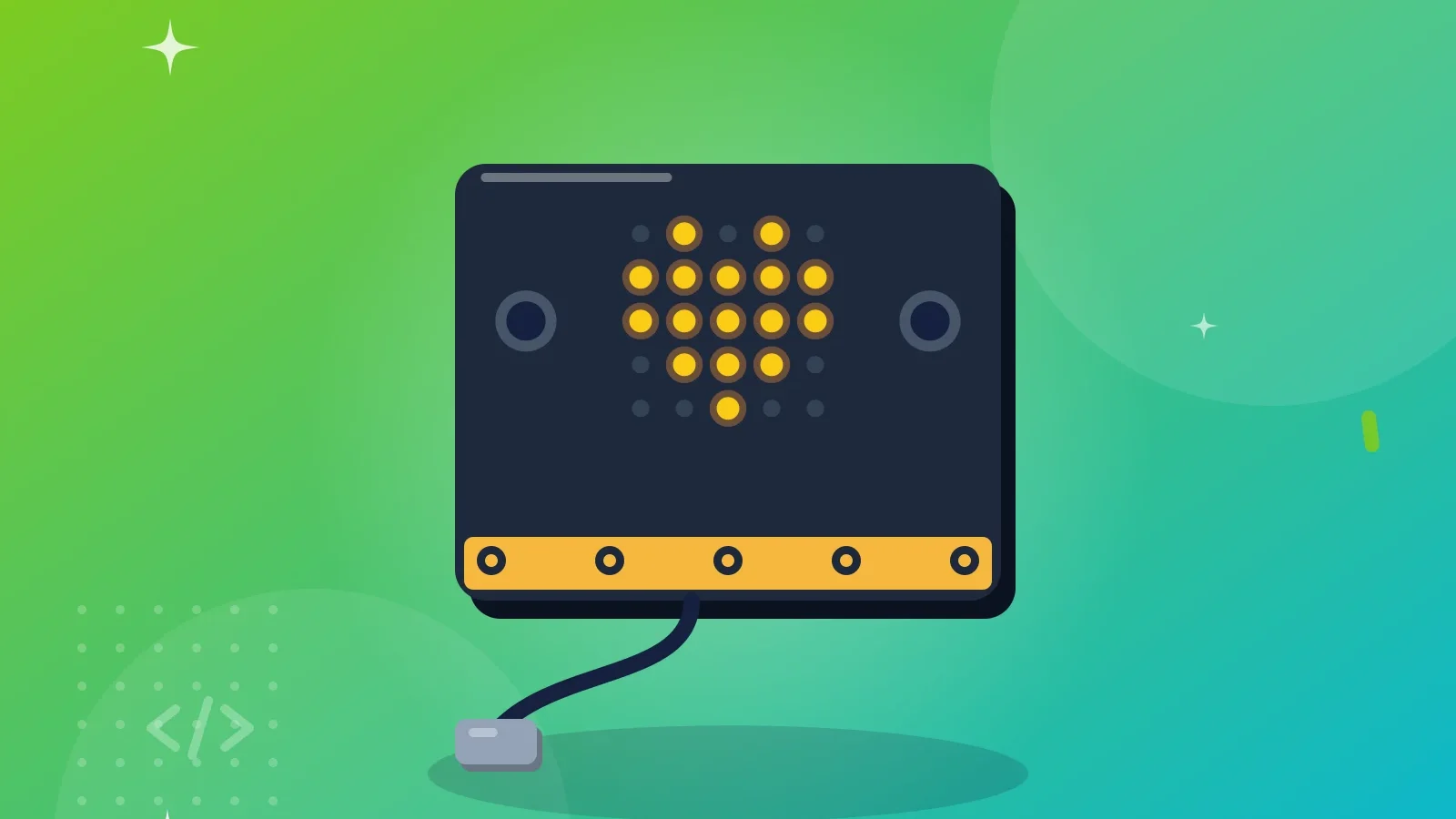 Illustration af en micro:bit med et lysende hjerte