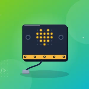 Illustration af en micro:bit med et lysende hjerte