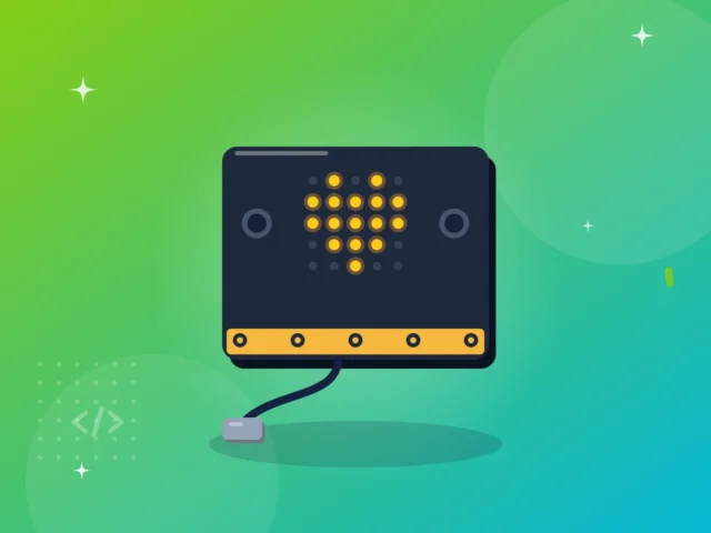 Illustration af en micro:bit med et lysende hjerte