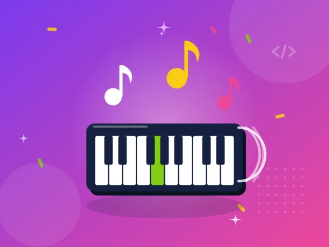 Illustration af et keyboard og musiknoder