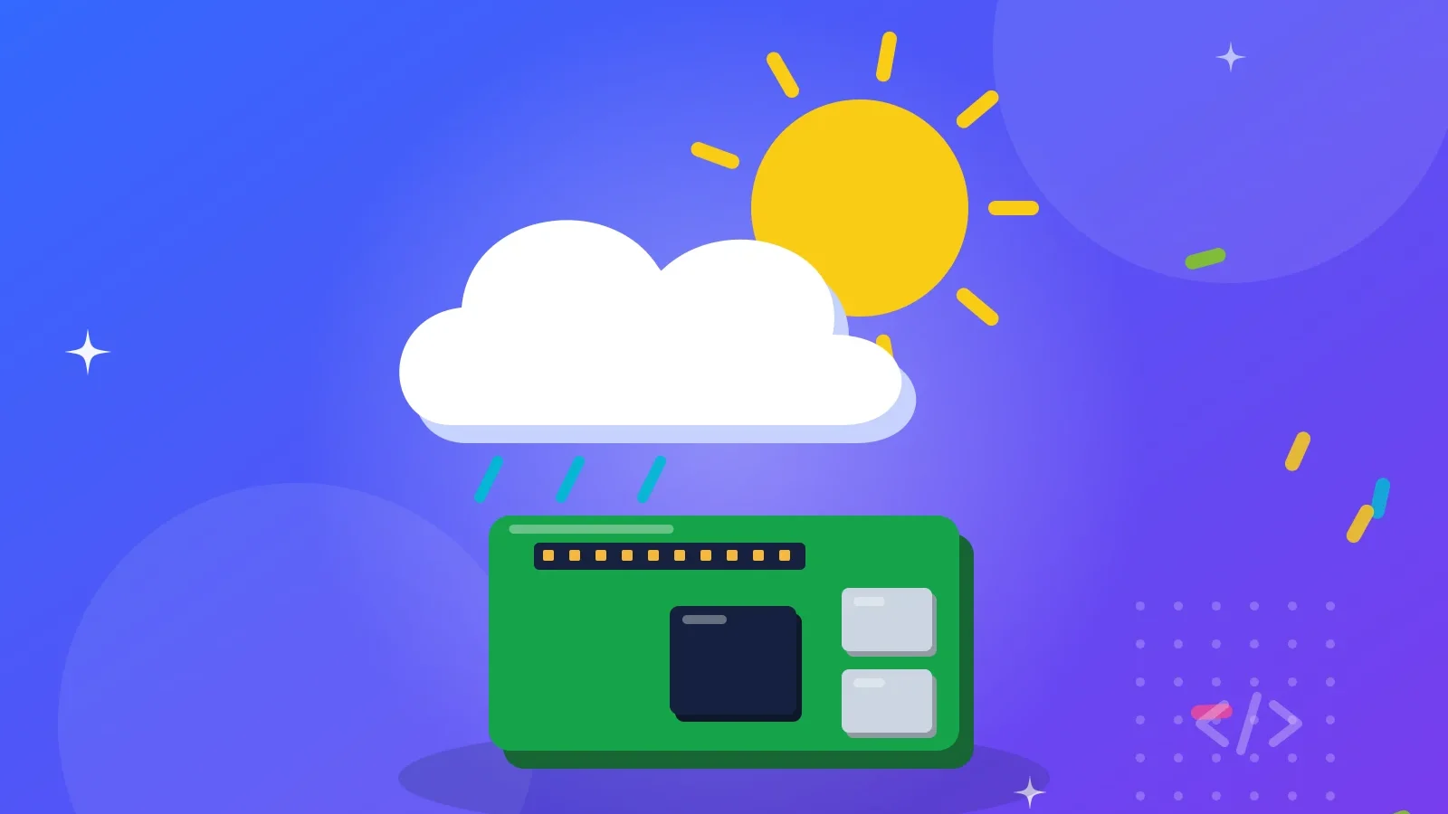 Illustration af en sky, en sol og et computerboard